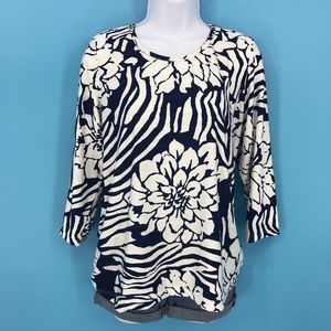 Navy Blue and White Floral Stretch Top